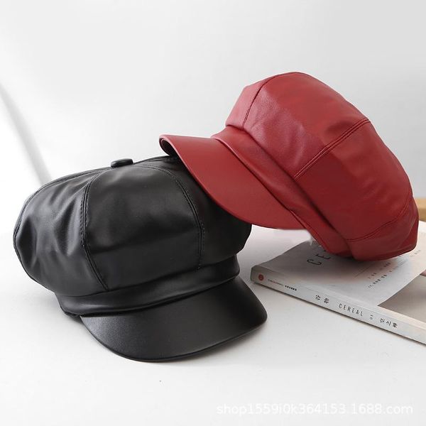 

wide brim hats solid color beret hat fashion autumn winter pu leather women casual retro octagonal cap for lasies girls peaked female, Blue;gray