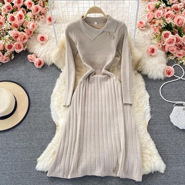 

casual dresses autumn winter korean temperament lady waist stretch knitted pleated dress womens elegant sweater slimming, Black;gray
