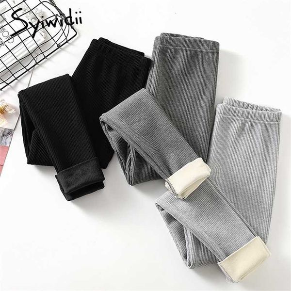 Leggings de Inverno das Mulheres Syiwidii ​​Calças aquecidas Calças isoladas Envoltório de lã Envoltório de liquidação Stretchy Meias de cintura alta Engrossar Calças de veludo 211215