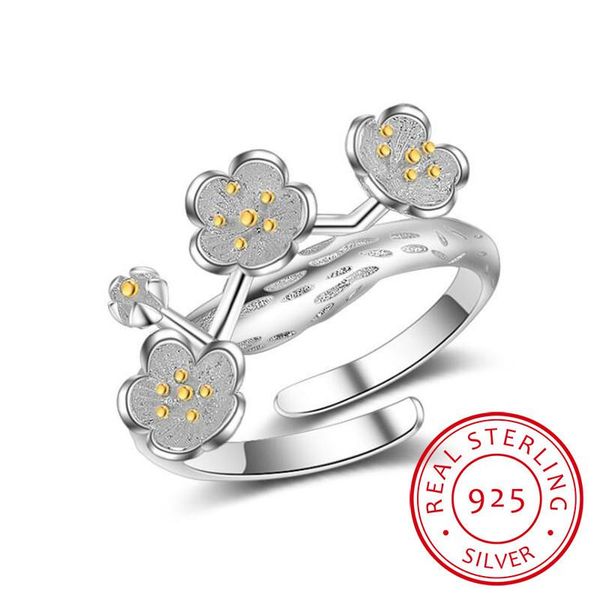 

cluster rings wiredrawing 2 colors plum flower s925 adjustable 925 sterling silver fine jewelry for women anti allergy lmry009, Golden;silver