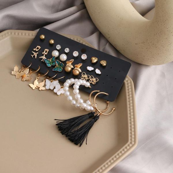 

stud yl jewelry vintage golden butterfly tassel earrings 17-piece set inlaid pearl punk hoop minimalist gift 2021 fashion, Golden;silver