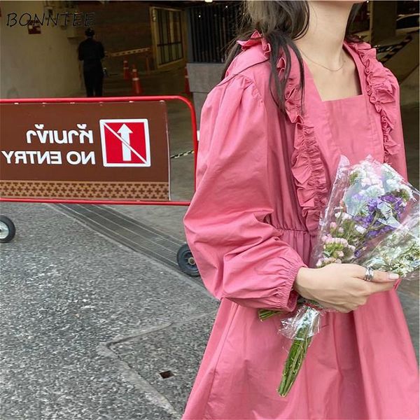 

dress women vintage french romance pink high waist simple womens sundress chic trendy square-collar ladies mid-calf vestido casual dresses, Black;gray