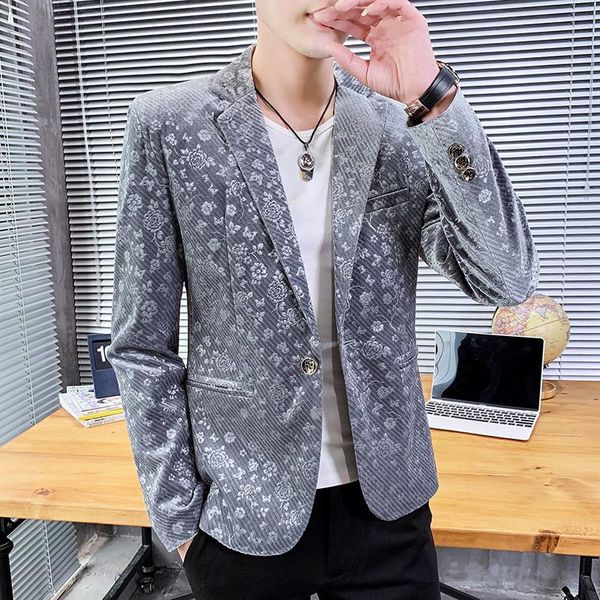 

men's suits & blazers mens slim fit blazer business casual printing suit jacket autumn windproof warm coat club stage clothers terno ma, White;black