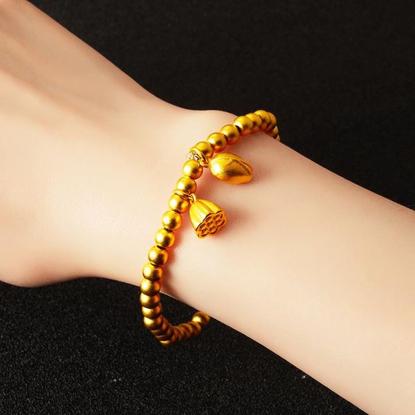 

beaded, strands 24k gold plated bracelets for women girls buddhism lotus charm bracelet beaded lover couples jewelry gift, Black