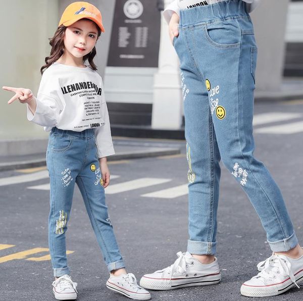 

jeans children's girls mid-waist autumn letters slim trousers baby pants, Blue