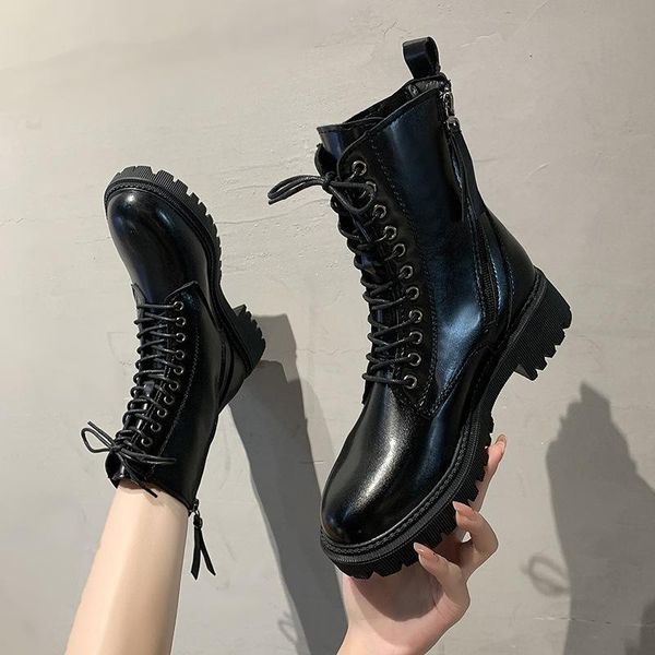 

boots round toe brand women's shoes boots-women zipper fashion 2021 med black ankle rubber lolita autumn rock ladies fabric solid mic