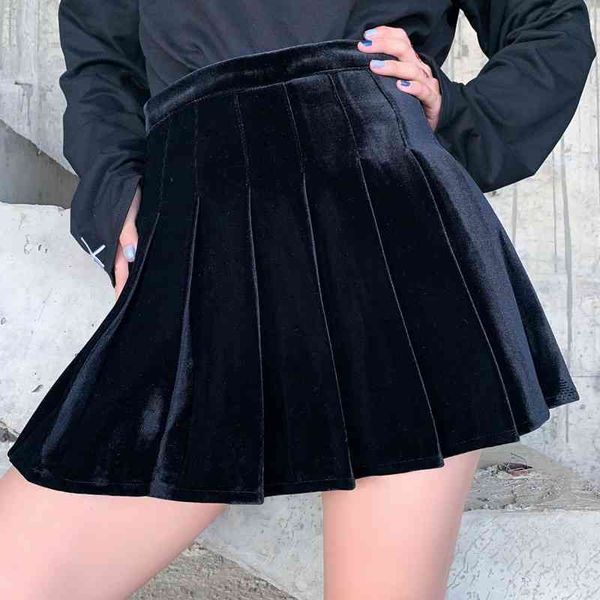 

japanese dark velvet skirt women gothic punk high wasit pleated skirt jk harajuku streetwear grunge fashion black skirt female