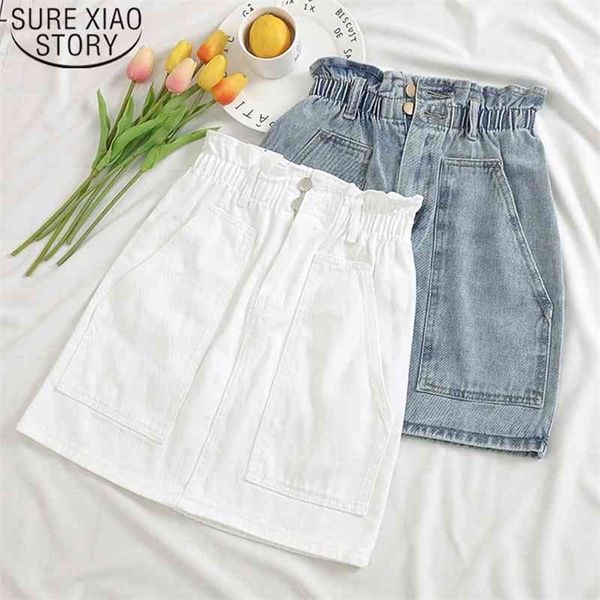 

white high waist jeans skirts elastic women denim mini womens pockets a-line casual ruffles female 6144 50 210510, Black