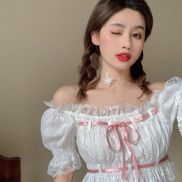 

woman women shirt lace slash neck short sleeve ruffles slimfemale elegant solid blouse drop, White