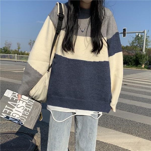 

men's sweaters autumn winter striped sweater korean male and female students loose, high, street style, retro gothic color t-shirt, White;black
