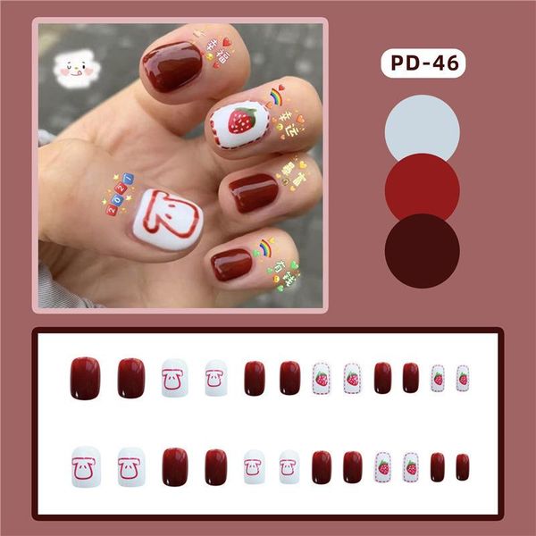 

false nails 24pcs strawberry red wear short paragraph fashion manicure patch save time wearable nail butt666, Red;gold