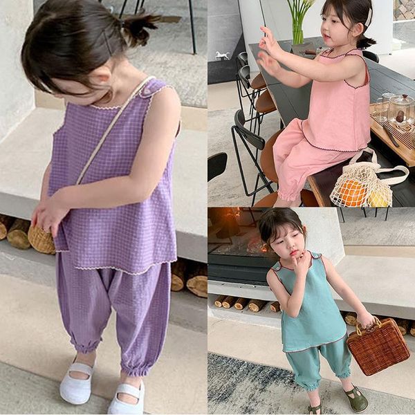 

girl's dresses 2021 summer girl suit fashion vest + bloomers two-piece solid color lady 3-7 years old, Red;yellow