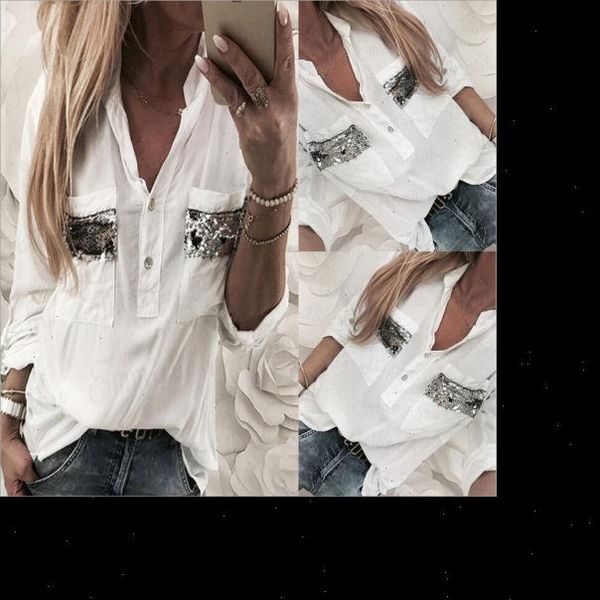 

fashion casual long sleeve paillette womens shirts summer button loose solid white elegent