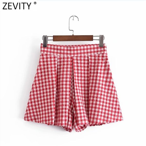 

zevity women fashion red plaid print pleated bermuda skirts shorts female chic side zipper casual pantalone cortos p1090 210719, White;black