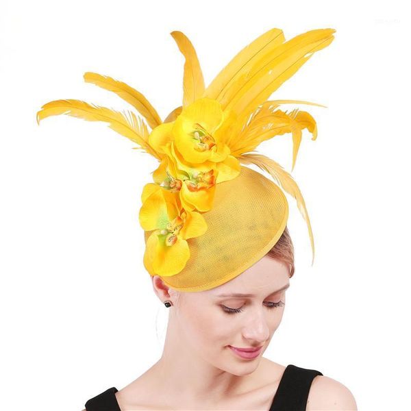 

lady elegant yellow fascinator hairpins women gorgeous flower mesh hair accessories bride stage performance veil headdress1