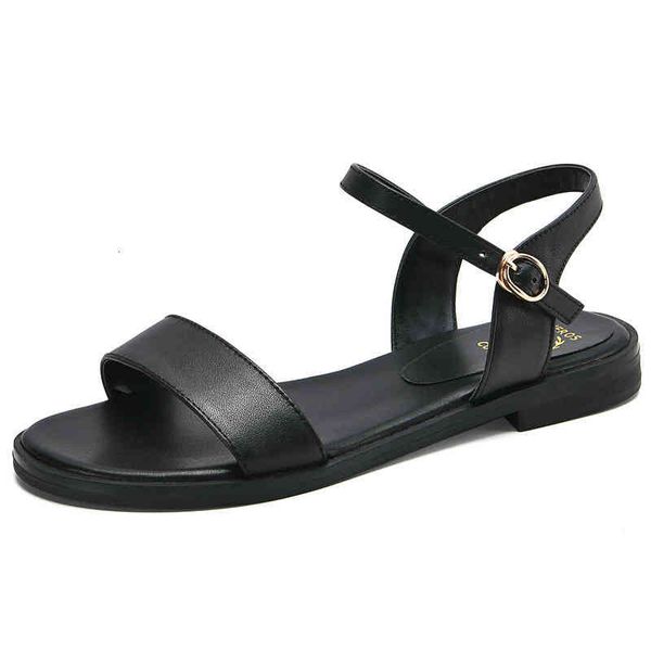 

dress shoes sandÃ¡lias femininas casuais de couro legÃ­timo, plus size 34-43, sapatos baixos com fivela, cor sÃ³lida, verÃ£o, calÃ§ados para mulh, Black
