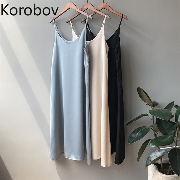 

korobov women silk dress korean solid v neck spaghetti strap female dresses chic elegant summer robe femme 2a394 210430, Black;gray