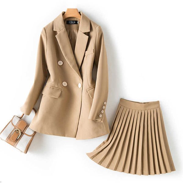 

skirts skirts woman 2 piece sets elegant solid blazers coats + pleated skirt suit set female office ladies blazer pttd, Black