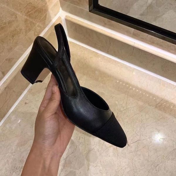 

sandals women's summer 2021 mid-heel leather retro pointed back hollow thick heel baotou high-heeled shoes, Black