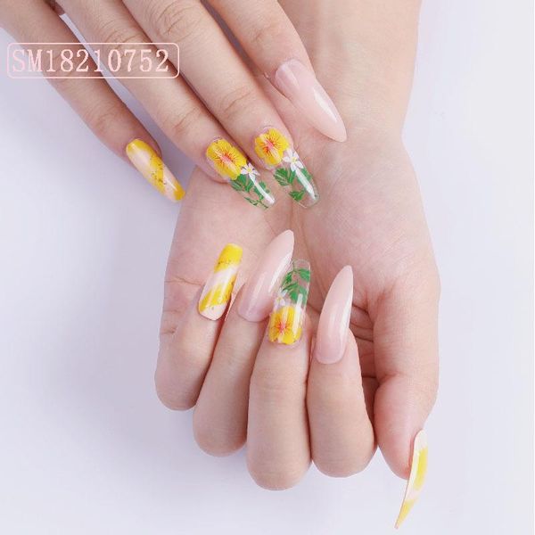 

false nails 24pcs yellow chrysanthemum fake glue type removable long paragraph fashion manicure fully covered nail decoration nn, Red;gold