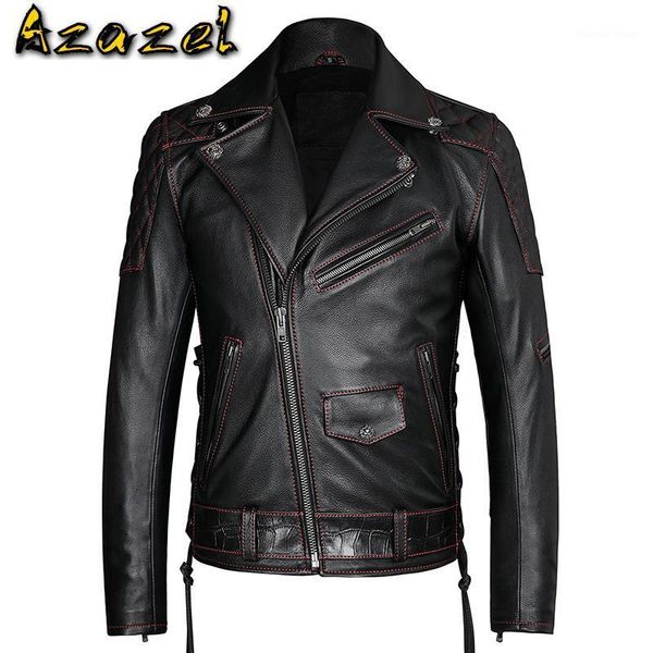 

men's leather & faux azazel 2021 genuine jacket men cowhide mens jackets and coats autumn spring biker motorcycle kj5102, Black
