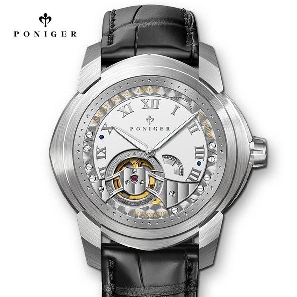 

wristwatches switzerland poniger men's watches japan miyota automatic mechanical dual dial sapphire 50m waterproof clock p529, Slivery;brown