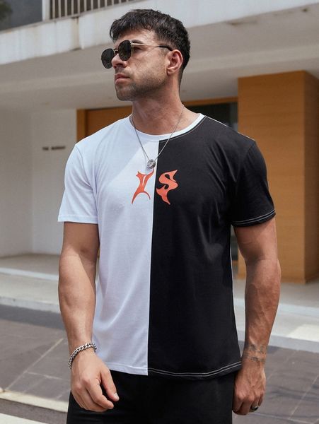 

extended sizes men two tone letter graphic tee 64oj#, White;black