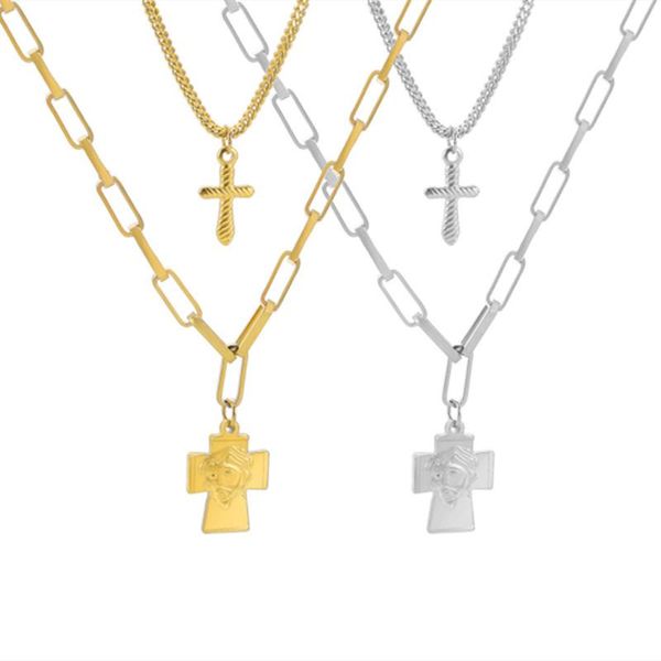 

pendant necklaces statement christian jesus cross necklace doublelayer stainless steel clavicle collares for girl accessories, Silver