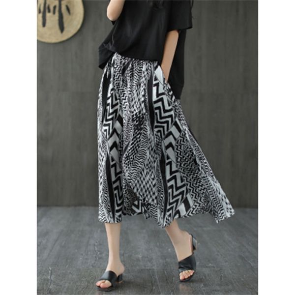 

summer arts style women elastic waist loose casual vintage print a-line skirt mori girl long skirts m452 210512, Black