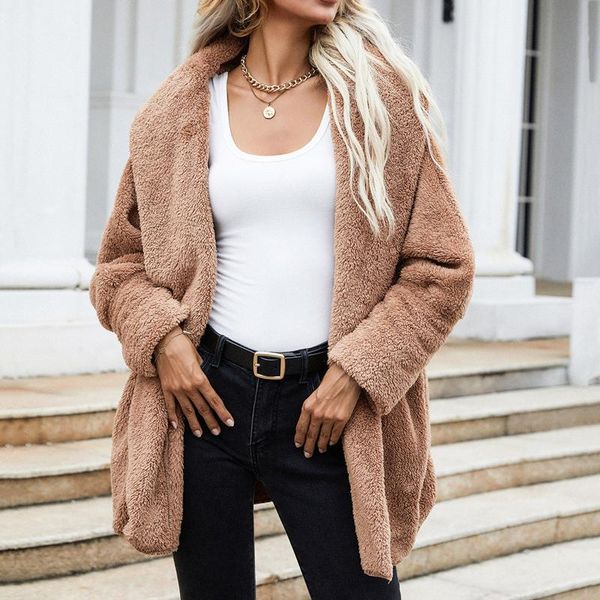 

women's jackets womens fuzzy fleece jacket solid open front hooded coats winter cardigan outwear with pockets thick trench coat, Black;brown