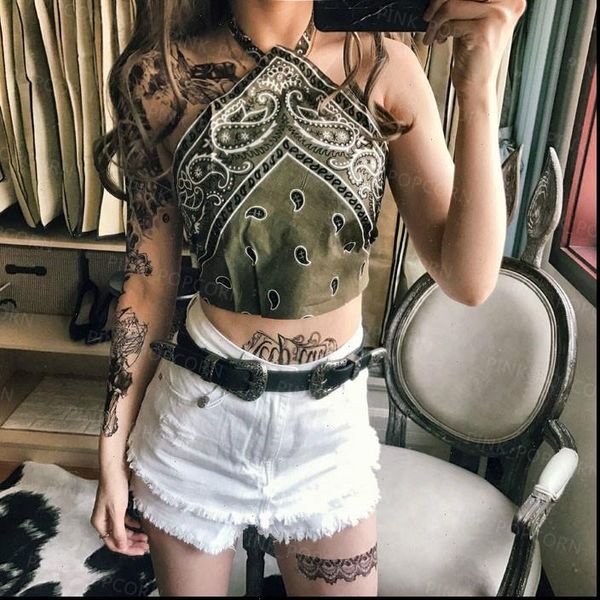 

womens camis 4 colors monochrome paisley bandana lace up crop tank fashion women summer holiday backless biki, White