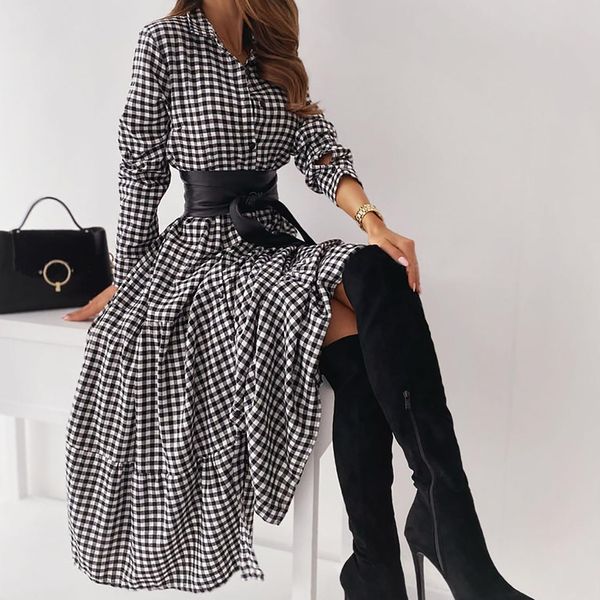 

womens casual women dresses sundress spring lapel shirt dress long sleeve mid claf vestidos female button robe belted plaid turn, Black;gray