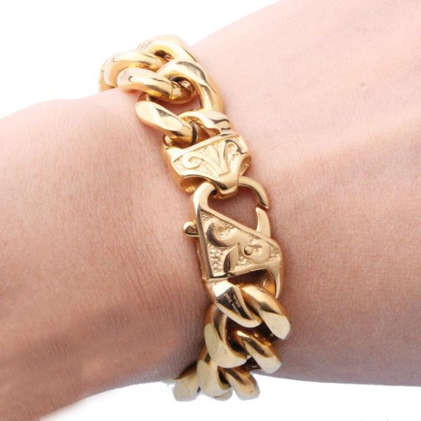 

men's bracelet jewelry 12/15mm stainless steel dubai gold color heavy chunky link chain bracelets & bangles, Black
