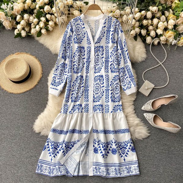 

casual dresses spring women printed ladies bohemia v-neck loose half sleeves straight single breasted mid-calf oversize long summe, Black;gray