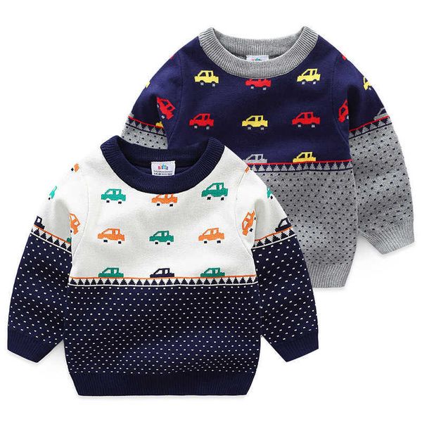 

spring autumn winter 2-10 years gift o-neck knitted school color patchwork cartoon car baby kids boys christmas sweaters 210529, Blue