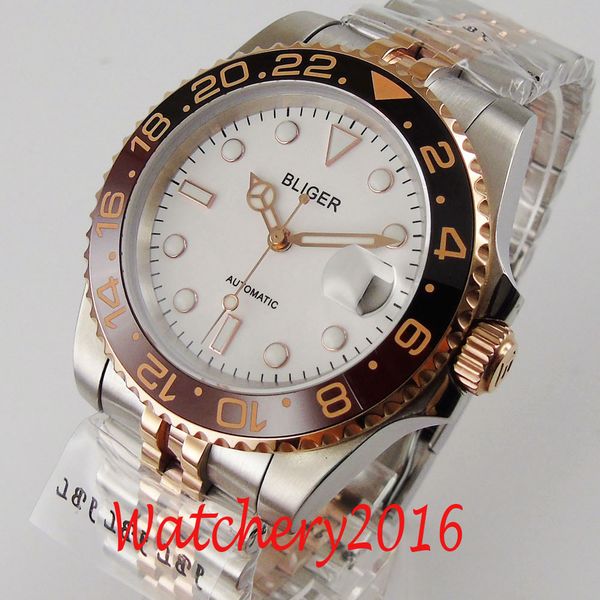 

40mm bliger white scoreboard light-emitting jubilee rose gold ceramic beads sapphire glass nh35 date automatic gentlemen clock, Slivery;brown