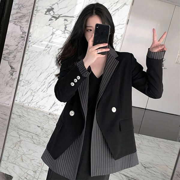 

women's suits & blazers [ewq] autumn long sleeve blaer black loose trend coat feminino trendy clothing fake two-piece stripe design nph, White;black