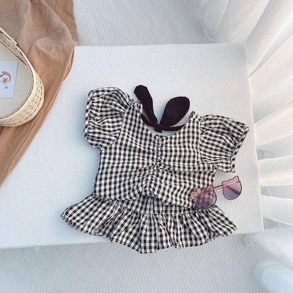 

clothing sets girls plaid casual set 2021 summer cute baby costume bowknot short skirt two-piece children's, White