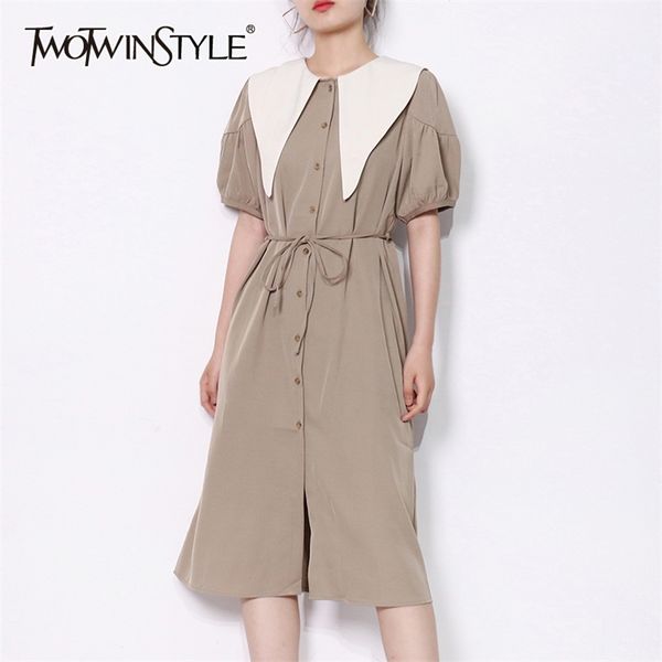 

black patchwork dress for women o neck puff short sleeve high waist mid hit color dresses female summer clothes 210520, Black;gray