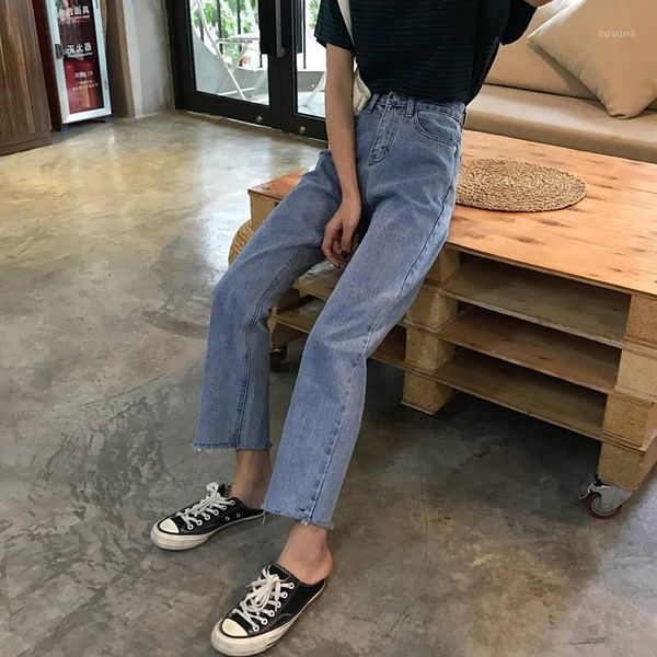 

spring and autumn chic high waist jeans women's loose wide-legged pants burr straight cropped, Blue