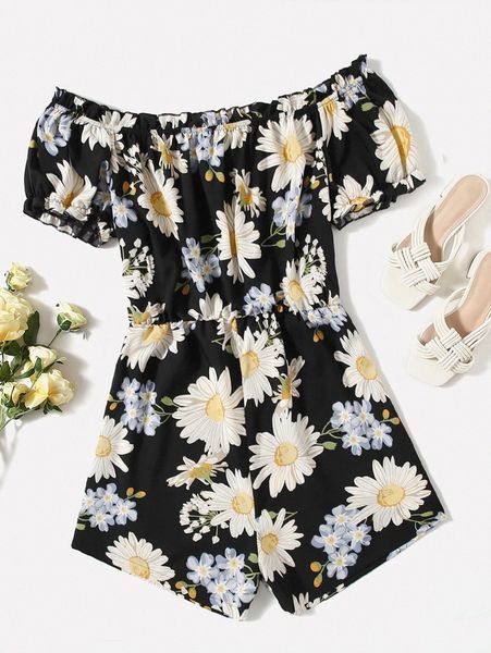 

plus floral print off shoulder puff sleeve romper 45rm#, Black