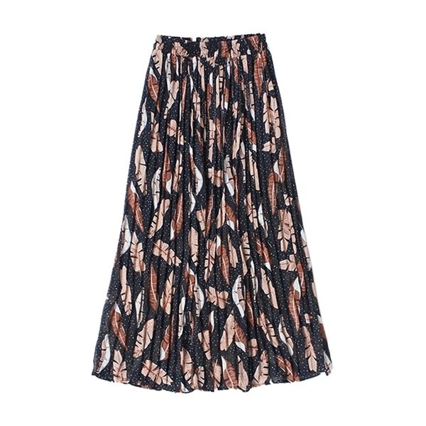 

feather printed chiffon skirts long high waist floral drape pleated big swing woman mujer faldas female ls357 210506, Black