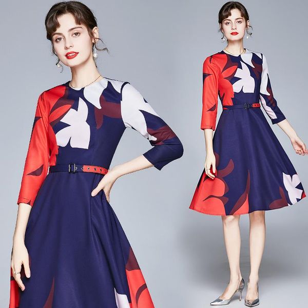 

flared dress women vintage elegant party belted print three quarter sleeve knee length retro robe femme casual dresses, Black;gray