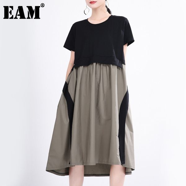 

[eam] women contrast color split temperament dress round neck short sleeve loose fit fashion spring summer 1t357 21512, Black;gray