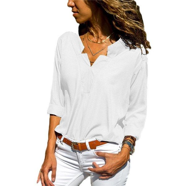 

solid long sleeve blouse 2021 autumn cotton women shirt v neck tees elegant ladies casual blusas feminin women's blouses & shirts, White