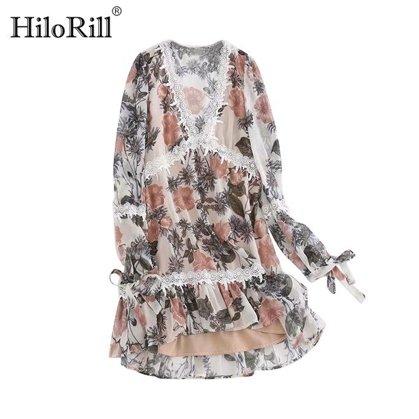 

floral print chiffon dress deep v-neck beach boho embroidery lace patchwork mini sundress vestidos 210508, Black;gray