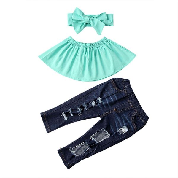 

toddler kid girls summer clothes tube ripped jeans headband fashion 3 piece outfits, White