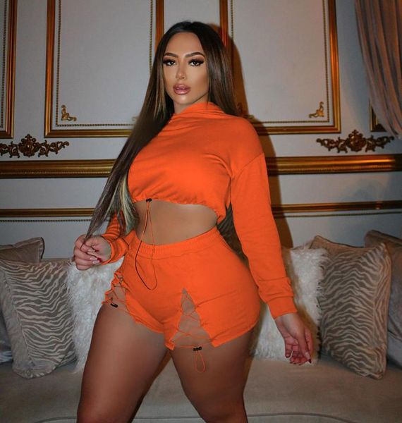 

women's tracksuits wsevypo casual autumn solid color sports suits women two pieces shorts sets long sleeve hooded crop +hollow lacing, Gray