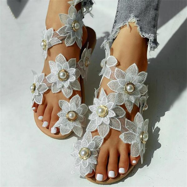 

sandals women's 2021 floral pearl flat women summer toe ring beach shoes large size roman flip flops sandalias mujer, Black