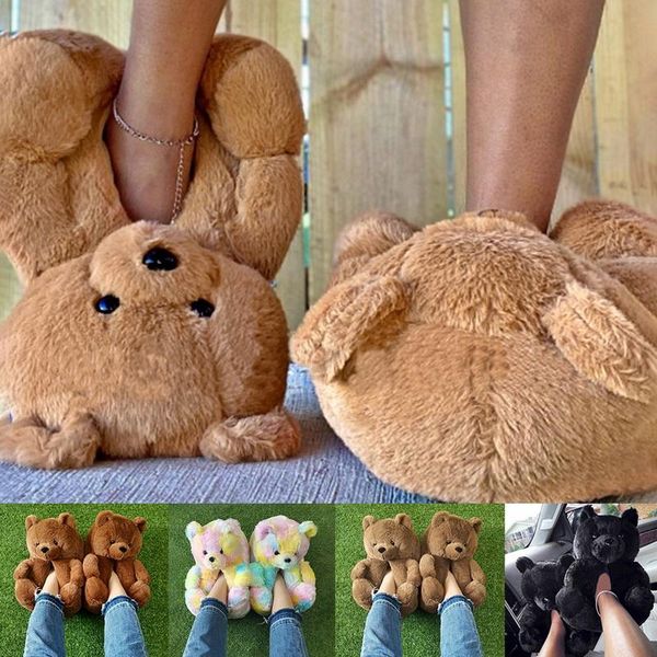 

slippers plush bear house women home indoor soft anti-slip faux fur cute fluffy winter warm shoes, Black